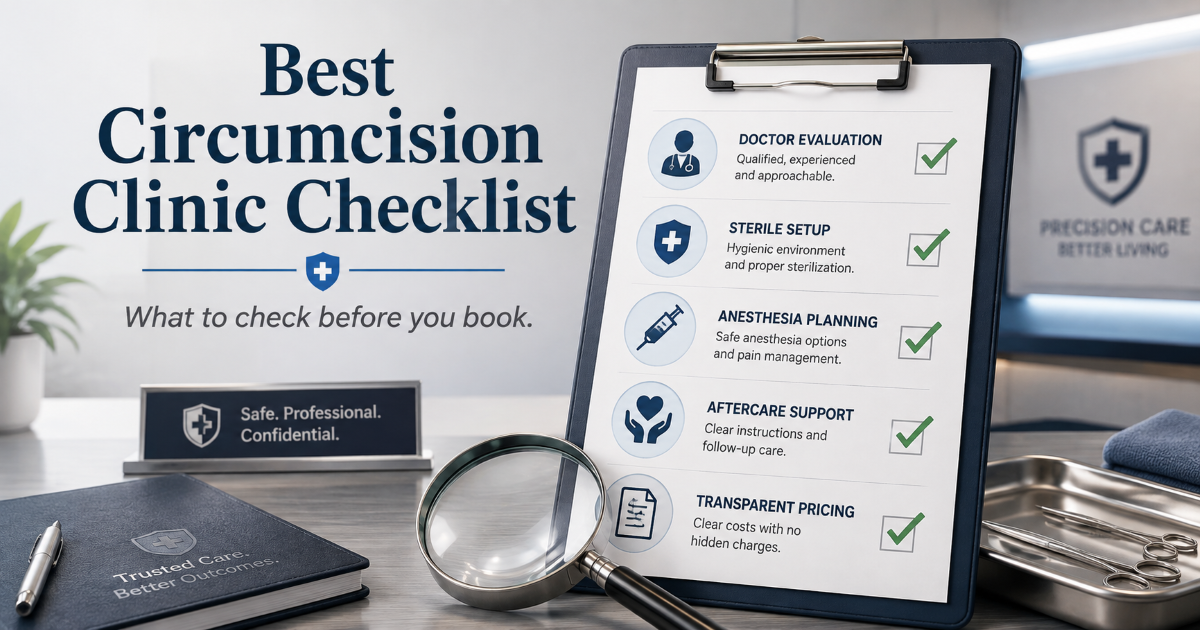 Adult circumcision clinic checklist covering doctor assessment, sterile standards, bleeding control, aftercare, and transparent pricing