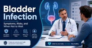 Bladder Infection: Symptoms, Risks, and When Not to Wait — doctor discusses with a patient beside medical graphics.
