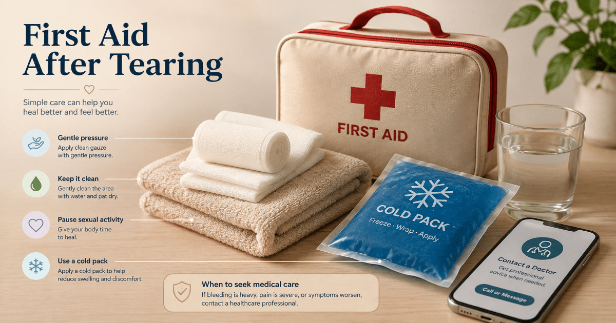 First aid after a torn penile frenulum including stopping sexual activity applying clean pressure gentle cleaning and sexual rest