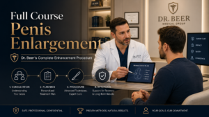 Doctor explains a penis enlargement procedure to a patient using a tablet in a clinic setting.
