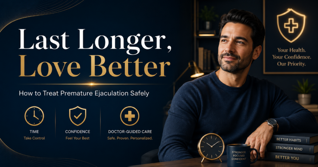 How to Treat Premature Ejaculation - ETERNITY CLINIC by M.D. SUEBPONG ENGCHUAN Promotional banner for sexual wellness: man at a desk with a clock, mug, and books, headline 'Last Longer, Love Better'.