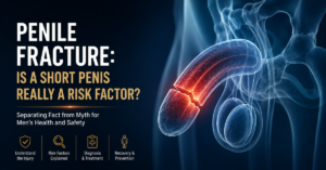 Infographic about penile fracture: bold title on left, red-highlighted crack in a 3D penis model, with four care icons below.