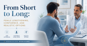 Doctor explaining penile lengthening options to a male patient in a clinic, with campaign headline and icons emphasizing safe approaches, confidence, and realistic options.