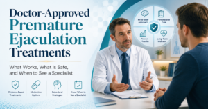Doctor discussing premature ejaculation treatment options with a patient in a clinical setting; title reads 'Doctor-Approved Premature Ejaculation Treatments'.
