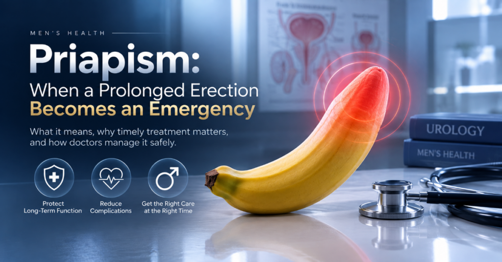 Priapism - ETERNITY CLINIC by M.D. SUEBPONG ENGCHUAN Banner about priapism in men’s health: a banana with red target rings beside a stethoscope, with the headline “Priapism: When a Prolonged Erection Becomes an Emergency” and a subheading about timely treatment.