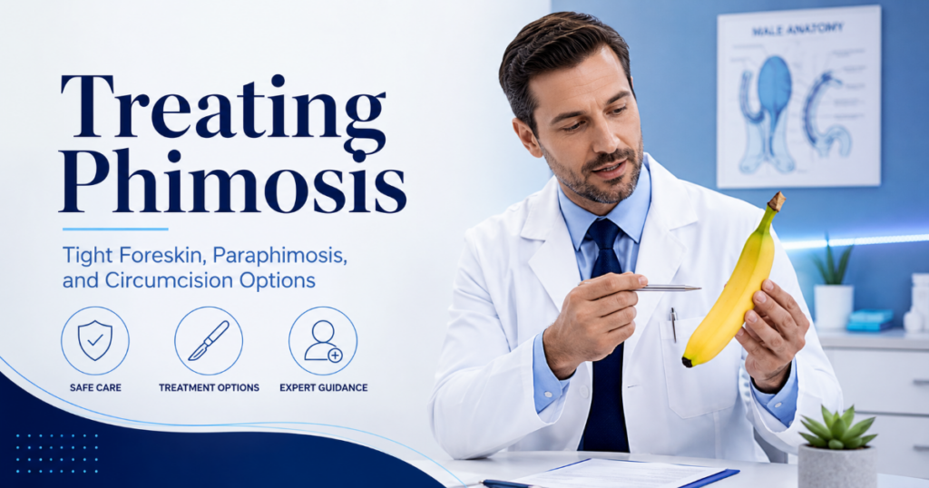 Treating Phimosis - ETERNITY CLINIC by M.D. SUEBPONG ENGCHUAN Medical promotional banner: a doctor in a white coat holds a banana as a demo for phimosis treatment, with the headline 'Treating Phimosis' and icons for Safe Care, Treatment Options, and Expert Guidance.