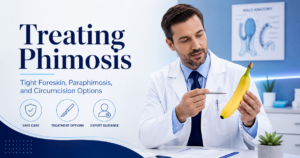 Medical promotional banner: a doctor in a white coat holds a banana as a demo for phimosis treatment, with the headline 'Treating Phimosis' and icons for Safe Care, Treatment Options, and Expert Guidance.