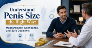 Promotional banner about penis size with a man consulting a doctor, measuring tools on the table and infographic icons beside them.