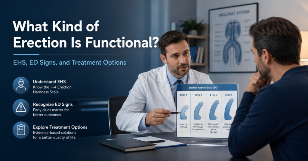 What Kind of Erection Is Functional - ETERNITY CLINIC by M.D. SUEBPONG ENGCHUAN Doctor explains erectile dysfunction options to a patient using an erection hardness scale infographic in a clinic.