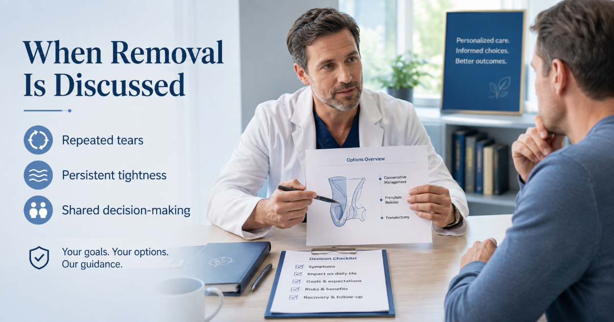 Doctor assessment for a torn or tight frenulum including frenulum length foreskin mobility inflammation phimosis and sexual pain