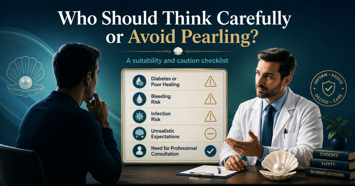 Who should avoid pearling or discuss pearl implant carefully with a doctor