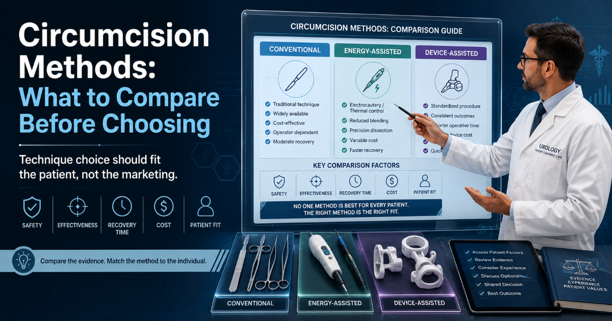 Adult circumcision methods comparison including conventional, energy-assisted, and device-assisted techniques