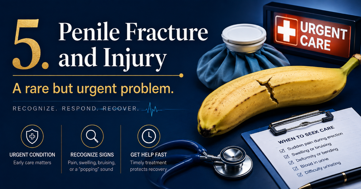 Penile fracture warning signs including pop sudden pain swelling bruising and urgent medical assessment