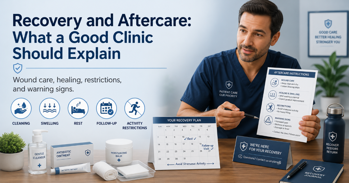 Adult circumcision recovery, wound care, follow-up, activity restrictions, and warning signs