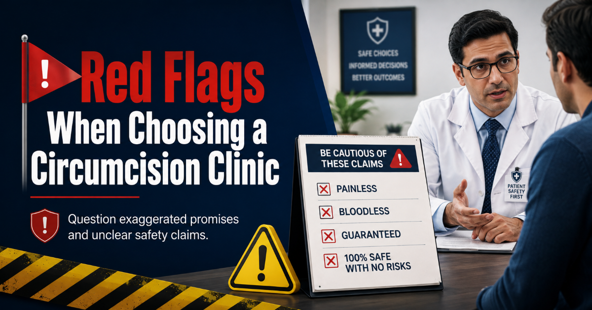 Safety red flags when choosing an adult circumcision clinic including unrealistic claims and weak clinical governance