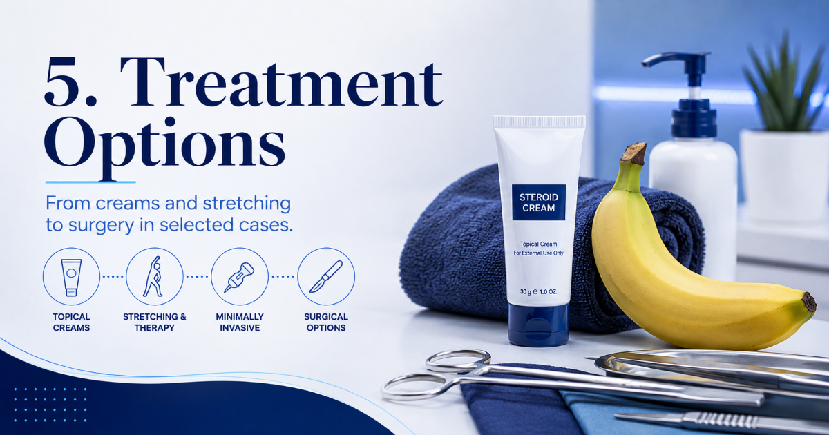 Phimosis treatment options including conservative care, topical treatment, stretching, and circumcision