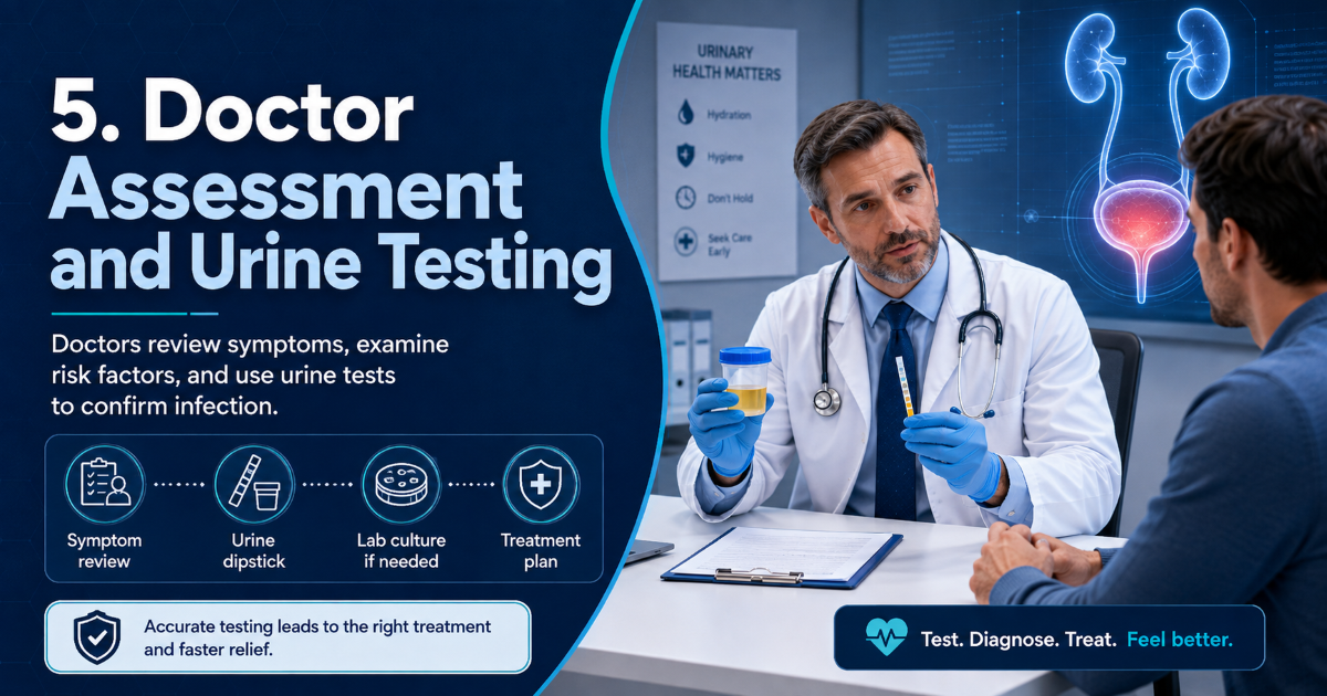 Doctor assessment for suspected bladder infection including symptoms urine testing risk factors and treatment planning