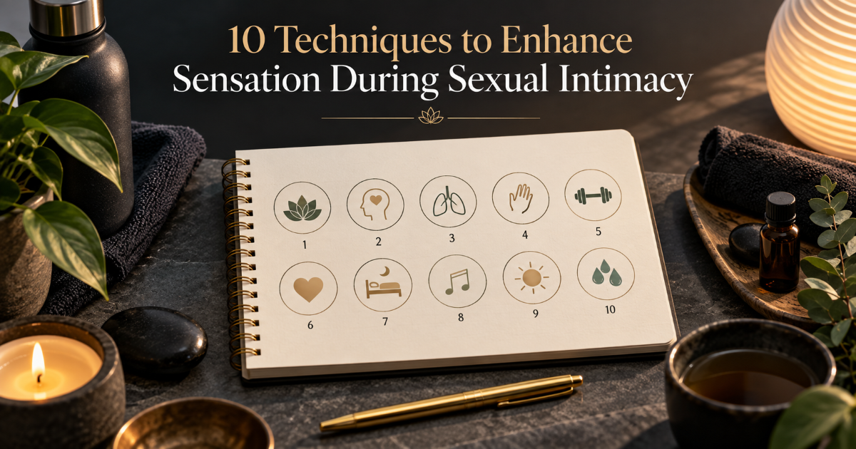 Ten safe intimacy techniques arranged as a calm couples wellness checklist for enhancing sensation and comfort