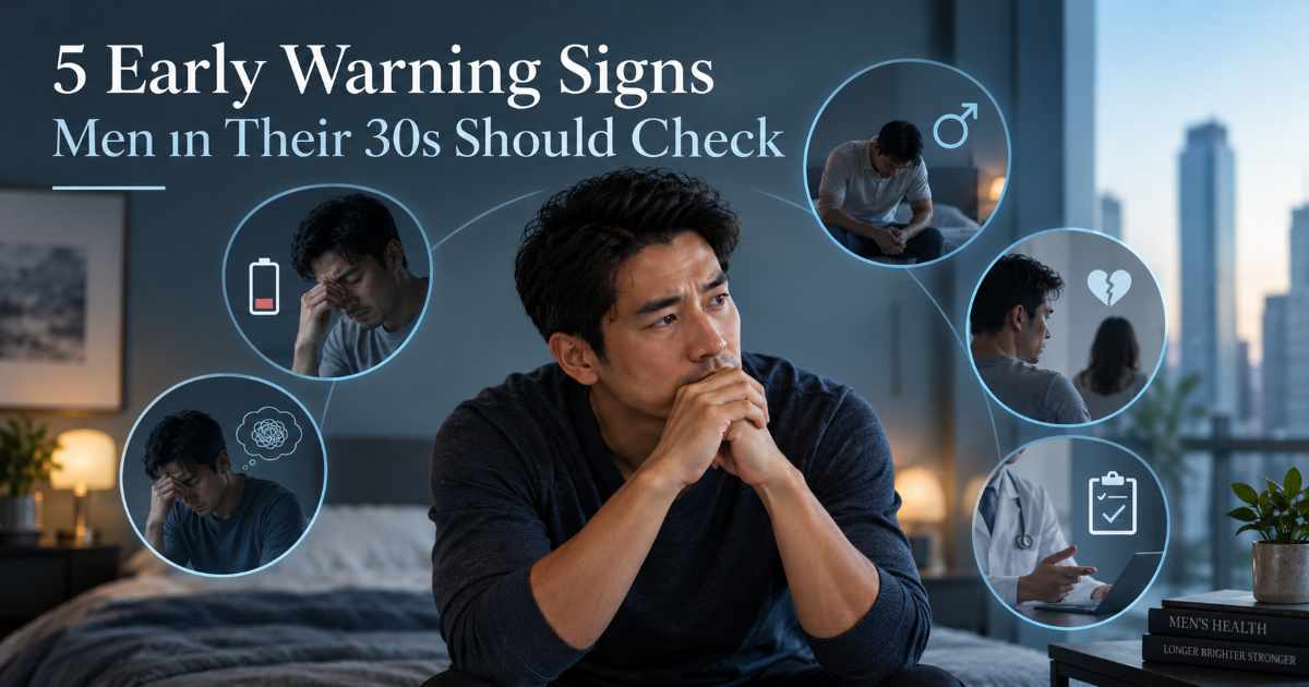 Medical infographic showing five early erectile dysfunction warning signs in men in their 30s