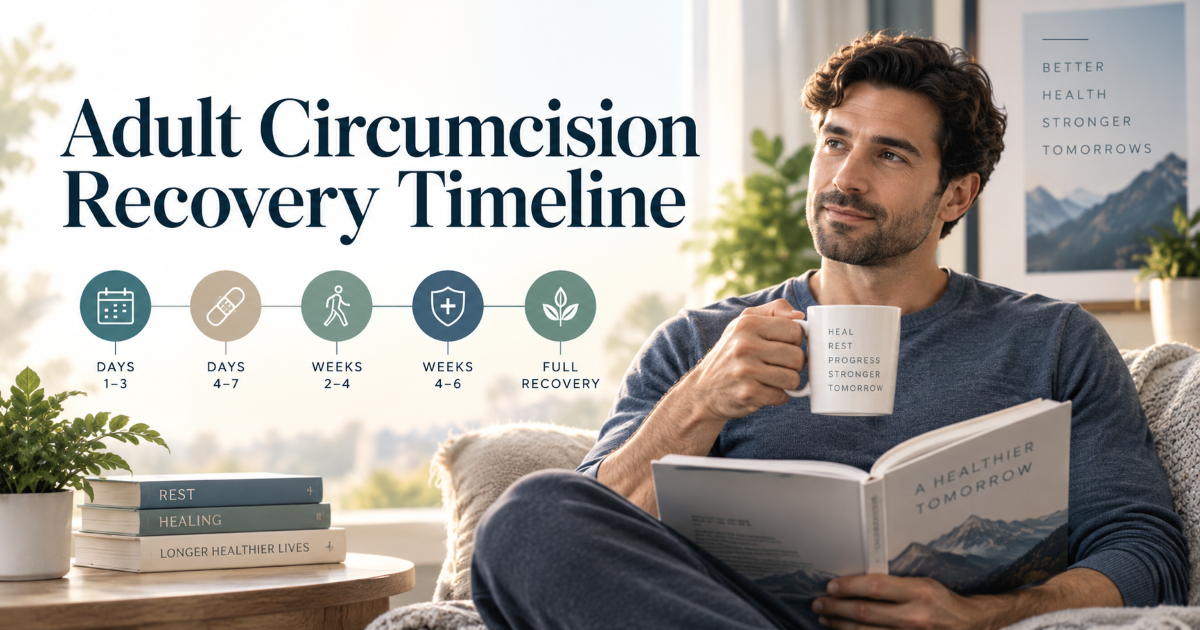 Adult circumcision recovery planning with aftercare hygiene and warning signs