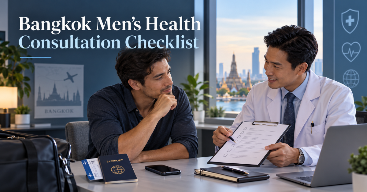International patient checklist for men's health clinic in Bangkok discussing erectile dysfunction symptoms and treatment safety