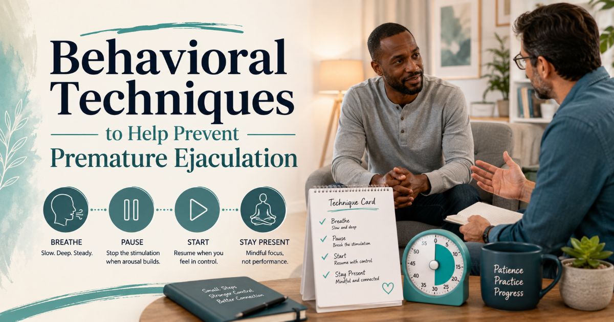 Behavioral techniques for premature ejaculation including start-stop squeeze pacing condom strategy and planned practice