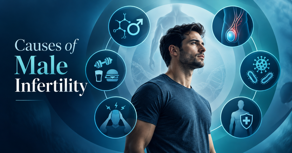 Medical illustration of common male infertility causes including sperm production transport blockage hormones varicocele and lifestyle factors