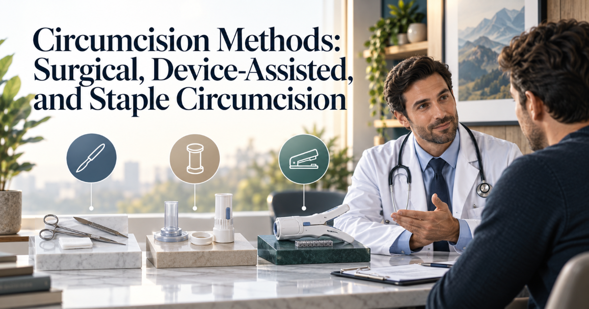 Medical explanation of adult circumcision methods including surgical and device assisted approaches