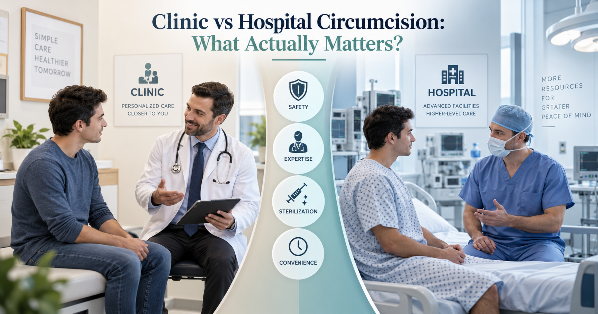 Adult circumcision planning discussion comparing clinic and hospital medical settings