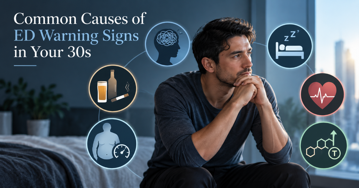 Male doctor reviewing erectile dysfunction evaluation checklist with blood pressure lifestyle medication history and lab testing