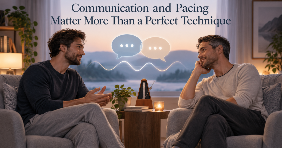 Couple communication scene showing respectful discussion and pacing before intimacy