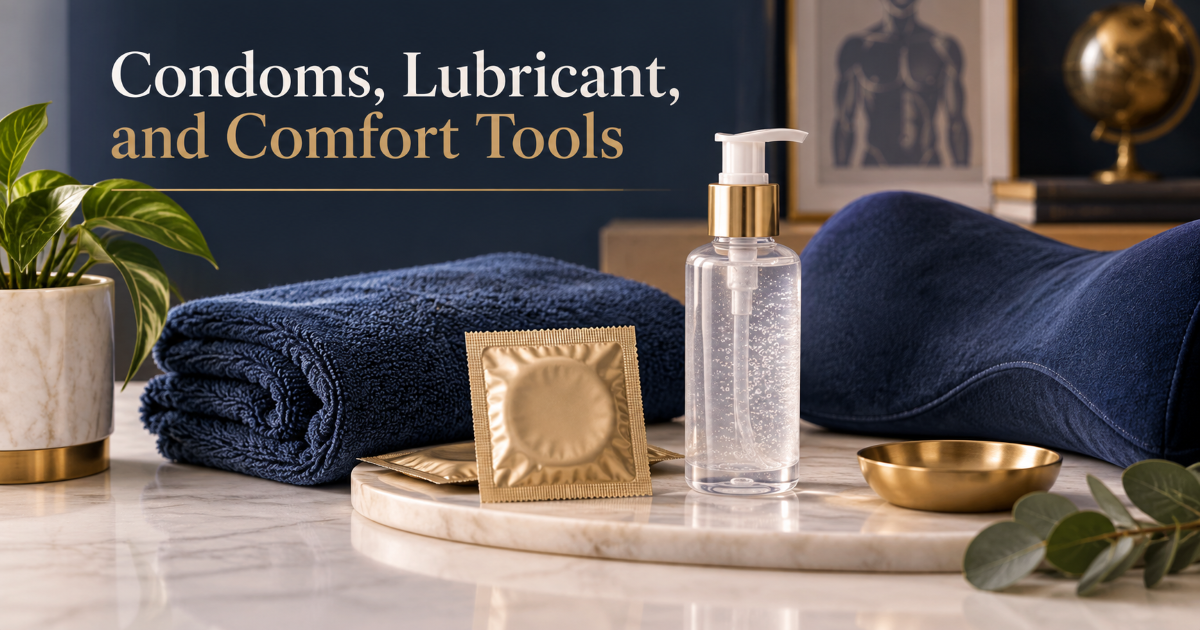 Condom and lubricant safety visual showing fit lubrication and comfort as factors in sensation during intimacy
