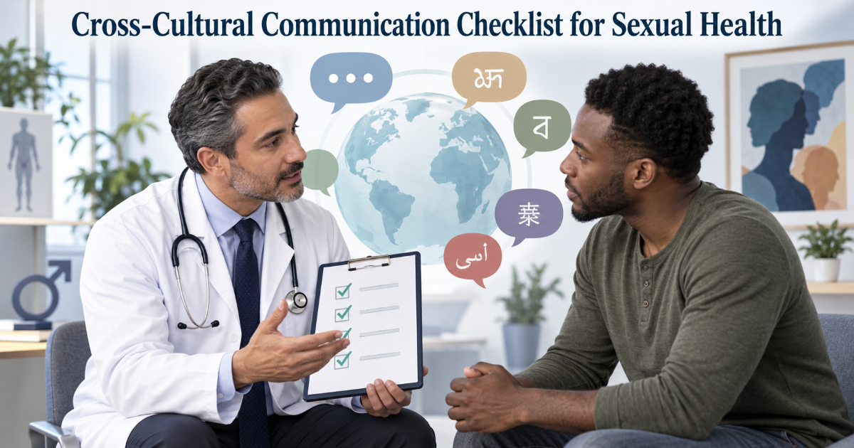 Checklist visual for respectful cross-cultural sexual health communication including consent privacy symptoms and testing questions