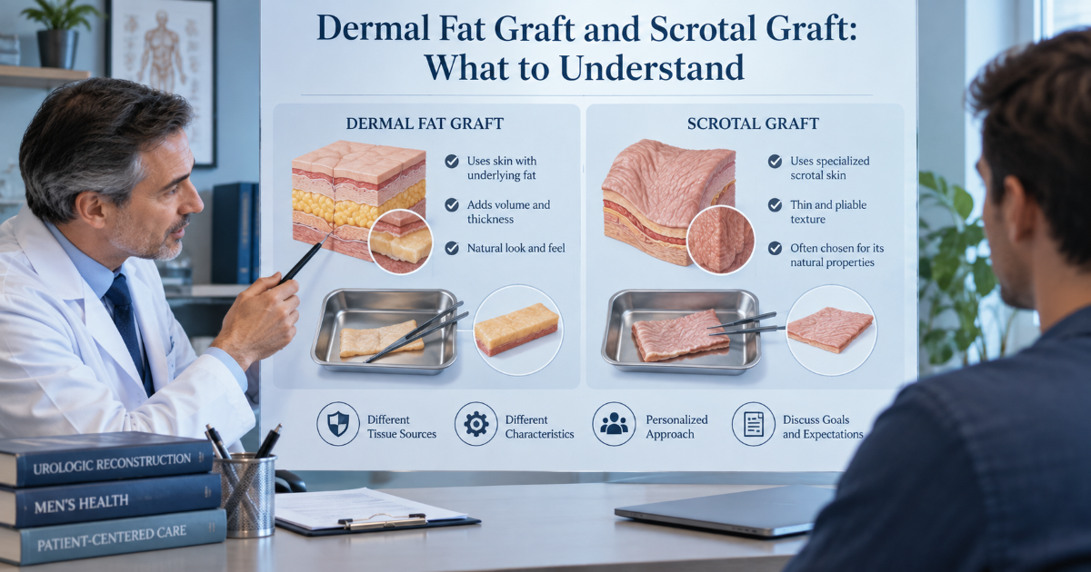 Medical concept image explaining dermal fat graft and scrotal graft options for penile enlargement