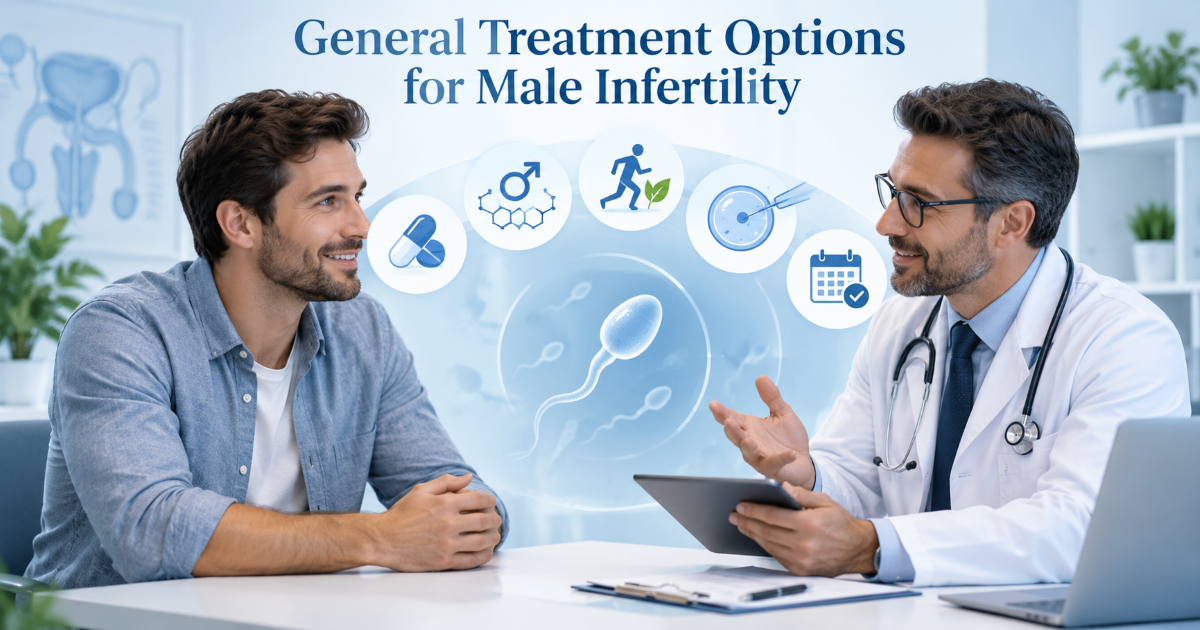 Doctor explaining male infertility treatment options including lifestyle review medication surgery sperm retrieval and assisted reproduction
