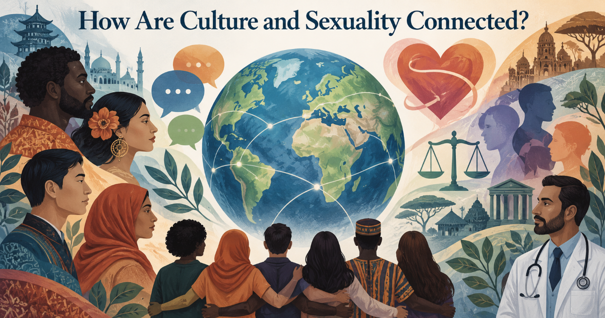 Illustration of global sexual culture showing privacy consent relationships and health education across different societies