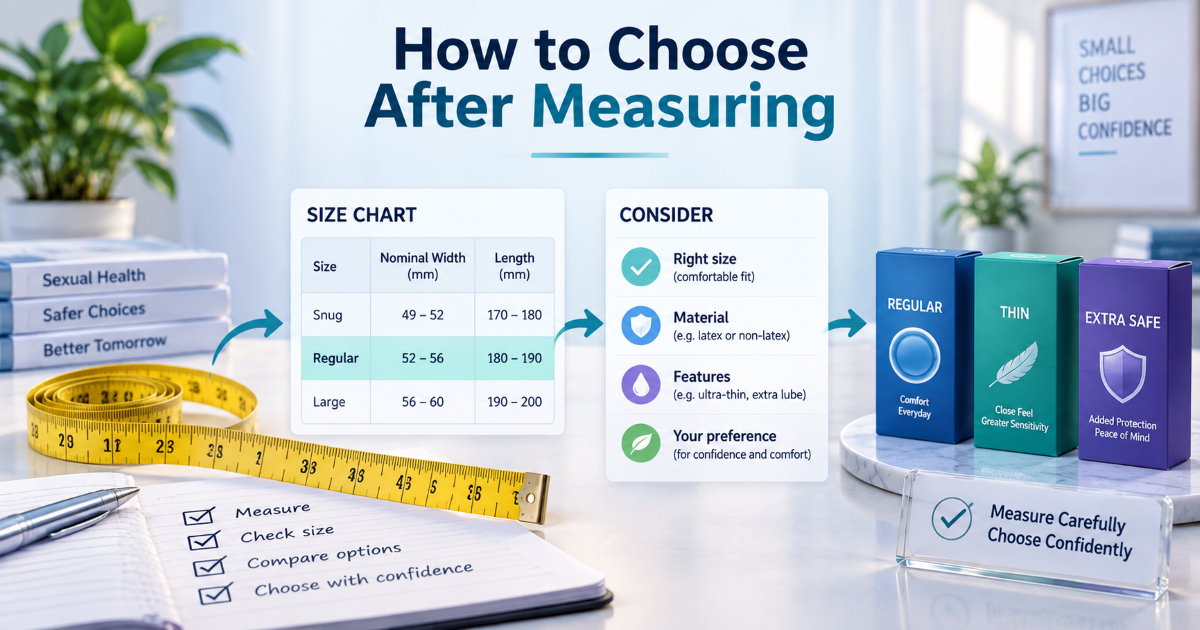 Decision guide for choosing condom size after measuring circumference and checking comfort