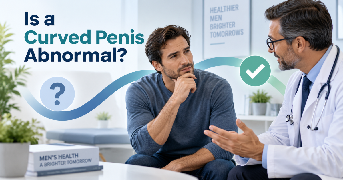 Medical illustration explaining that a mild stable penile curve can be normal while new or painful curvature should be assessed