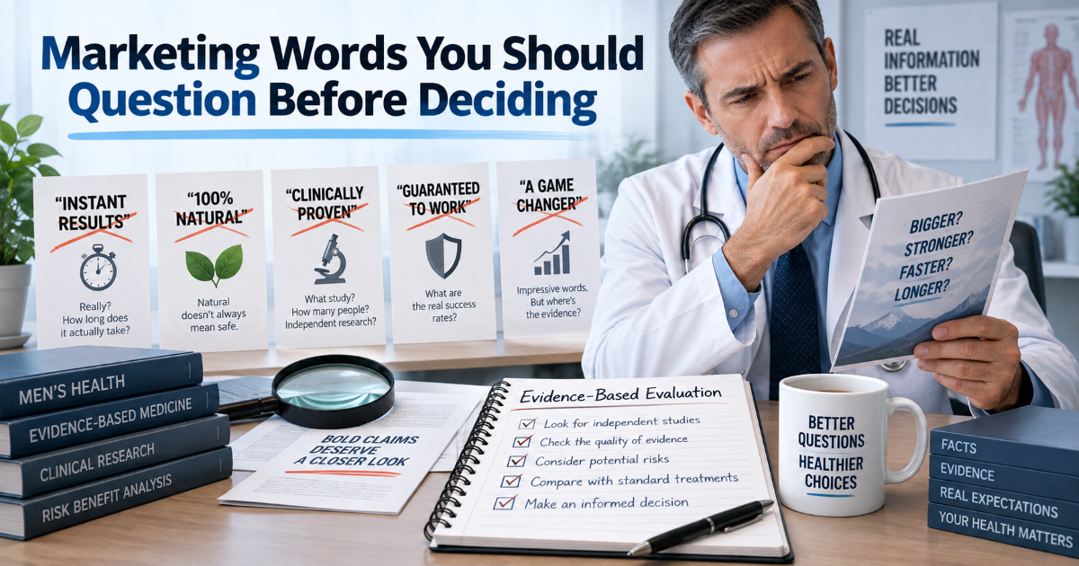 Safety checklist image warning against marketing words such as natural permanent painless and no risk