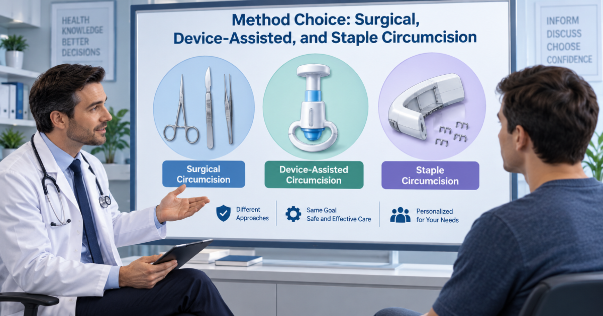 Device-assisted and staple circumcision method discussion for adult patients