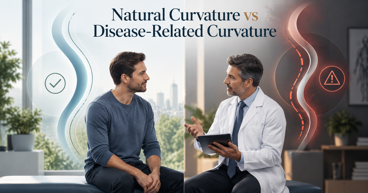 Comparison graphic showing natural stable penile curvature versus disease-related curvature with pain plaque and progression