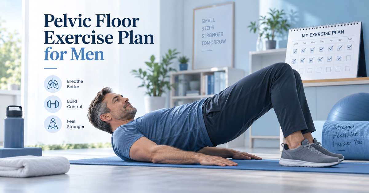 Step by step pelvic floor exercise plan for men including lying seated and standing practice