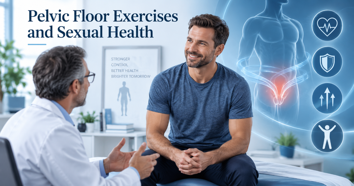 Men's health consultation visual for pelvic floor exercises erection quality ejaculation control and urinary symptoms