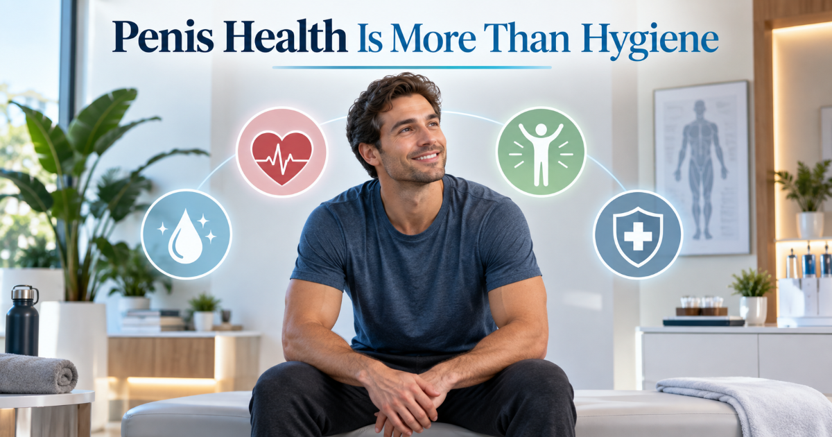Men's health visual showing daily habits for maintaining penis hygiene and sexual health