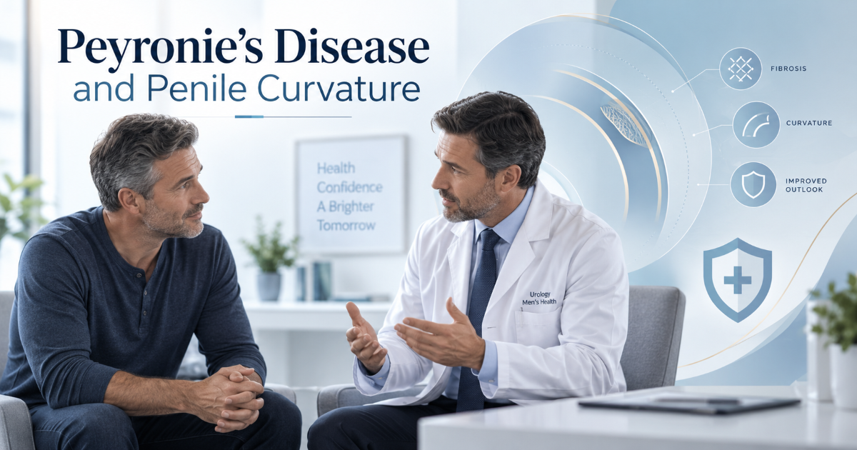 Educational medical visual showing Peyronie's disease with scar tissue plaque causing curvature during erection