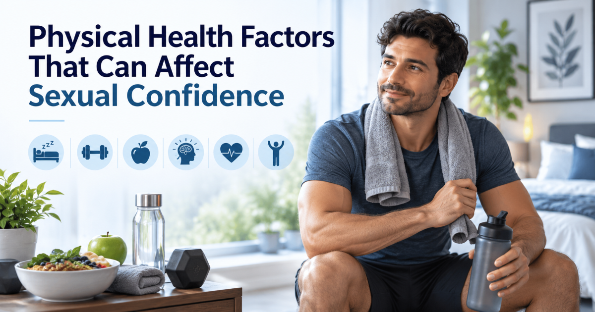 Men's health clinic concept showing sleep exercise cardiovascular health and sexual confidence factors