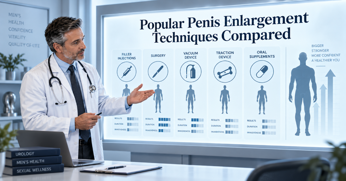 Comparison chart of popular penis enlargement techniques including creams pumps traction filler surgery and unsafe injections