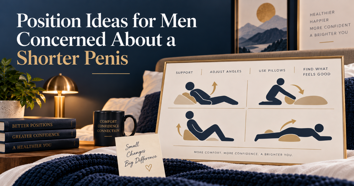Educational illustration about intimacy position ideas and comfort adjustments for men with penis size concerns