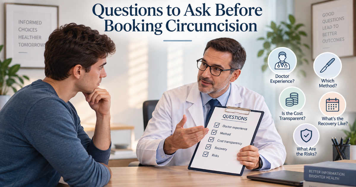 Adult circumcision prebooking checklist with questions about method anesthesia risks follow-up and emergency support
