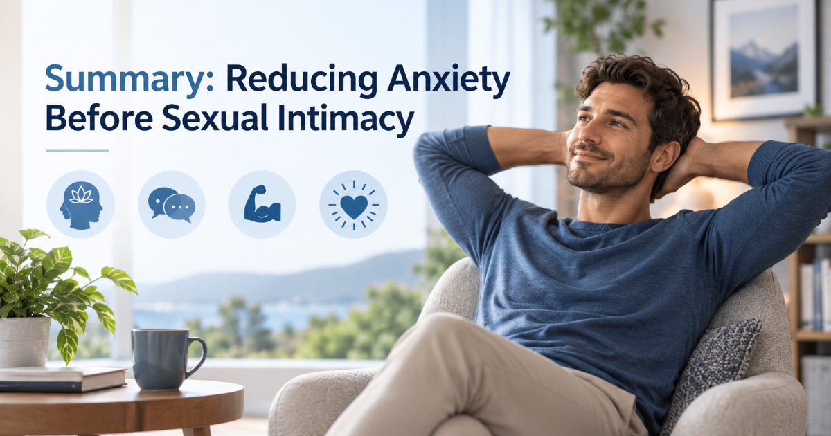 Summary visual for reducing sexual anxiety with communication relaxation realistic expectations and professional support
